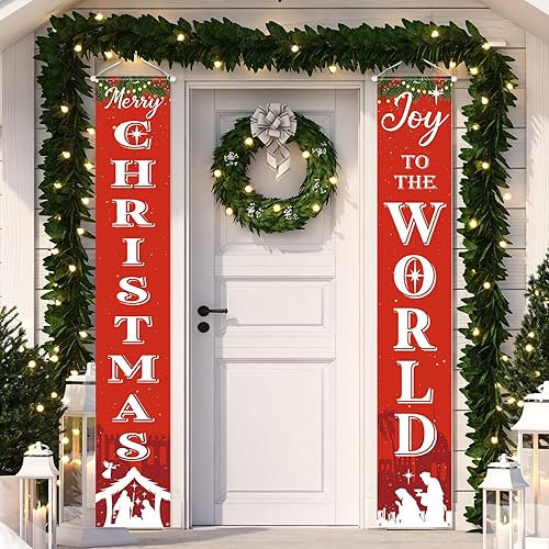 Cartel de Navidad para puerta de Natividad con luces de alegría al mundo, pancarta religiosa para colgar en la puerta de la noche de Navidad,