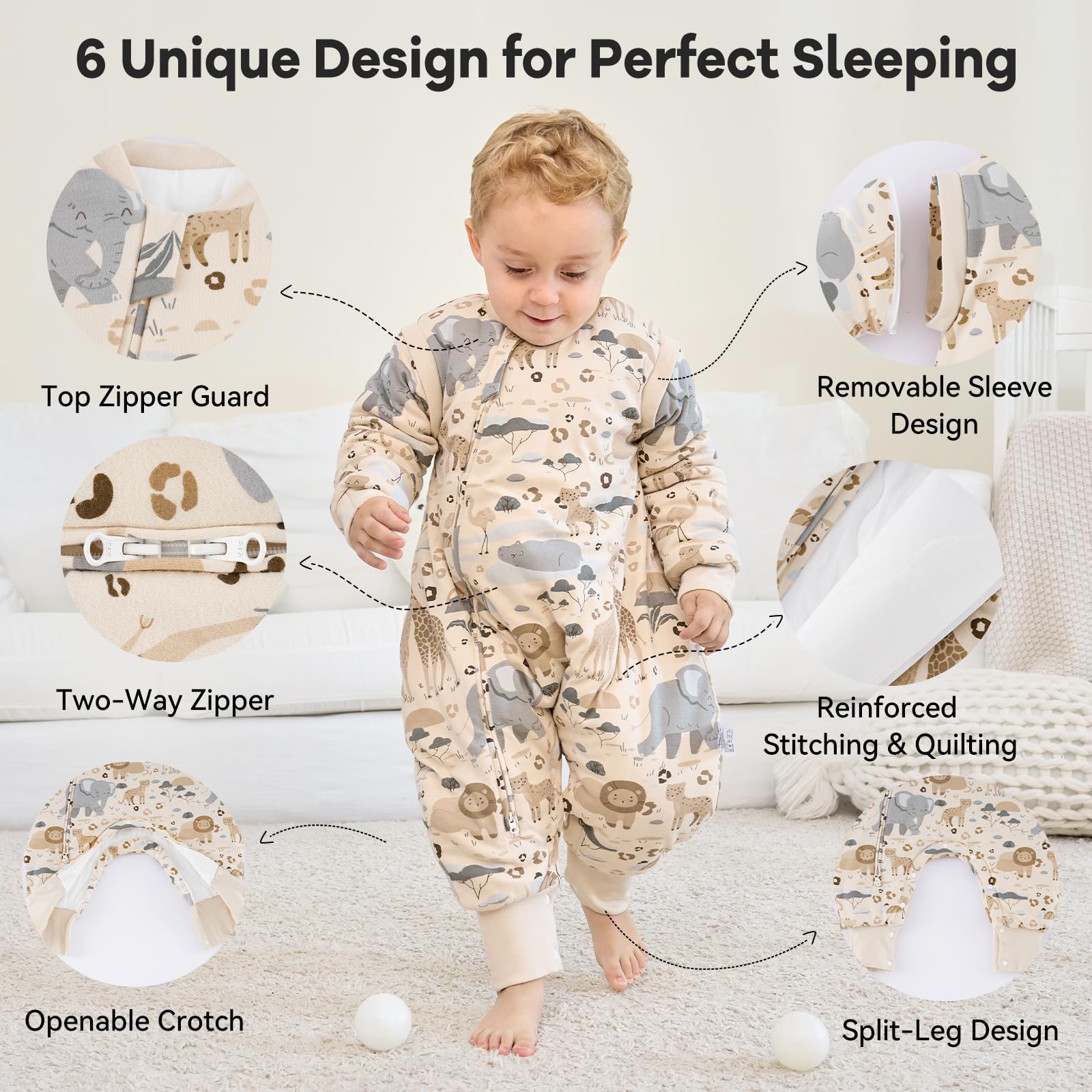Unnivoll Gigoteuse Hiver 3-4 Ans, Gigoteuse à Pieds et Manches Amovibles, Tog 2.5 Turbulette Hiver pour Bébé, Tissu 100% Coton Super Doux et Chaud Fille Garçon 90cm Beige Zèbre