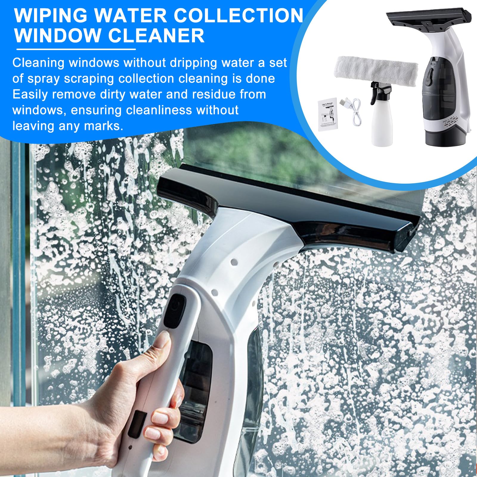 Nettoyeur de vitres électrique 150 ml : aspirateur de fenêtre sans fil avec vaporisateur de 300 ml et serpillère en microfibre, matériau plastique, nettoyant pour fenêtres, carreaux, miroirs, parois