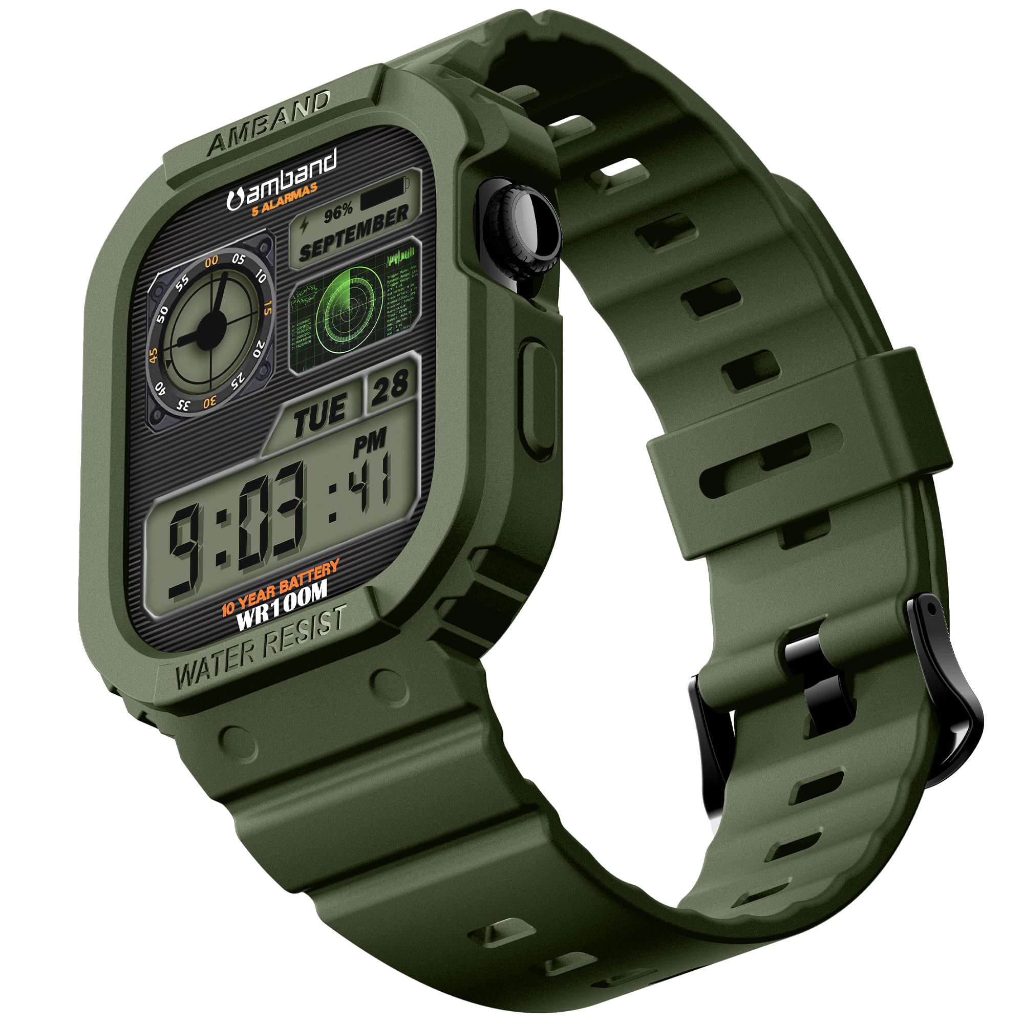 amBand Rugged Case with Band for Apple Watch Series 11 10 46mm, Shockproof &amp; Protective Sport Bumper Cover, Lightweight &amp; Comfortable Strap for Men &amp; Women, Green