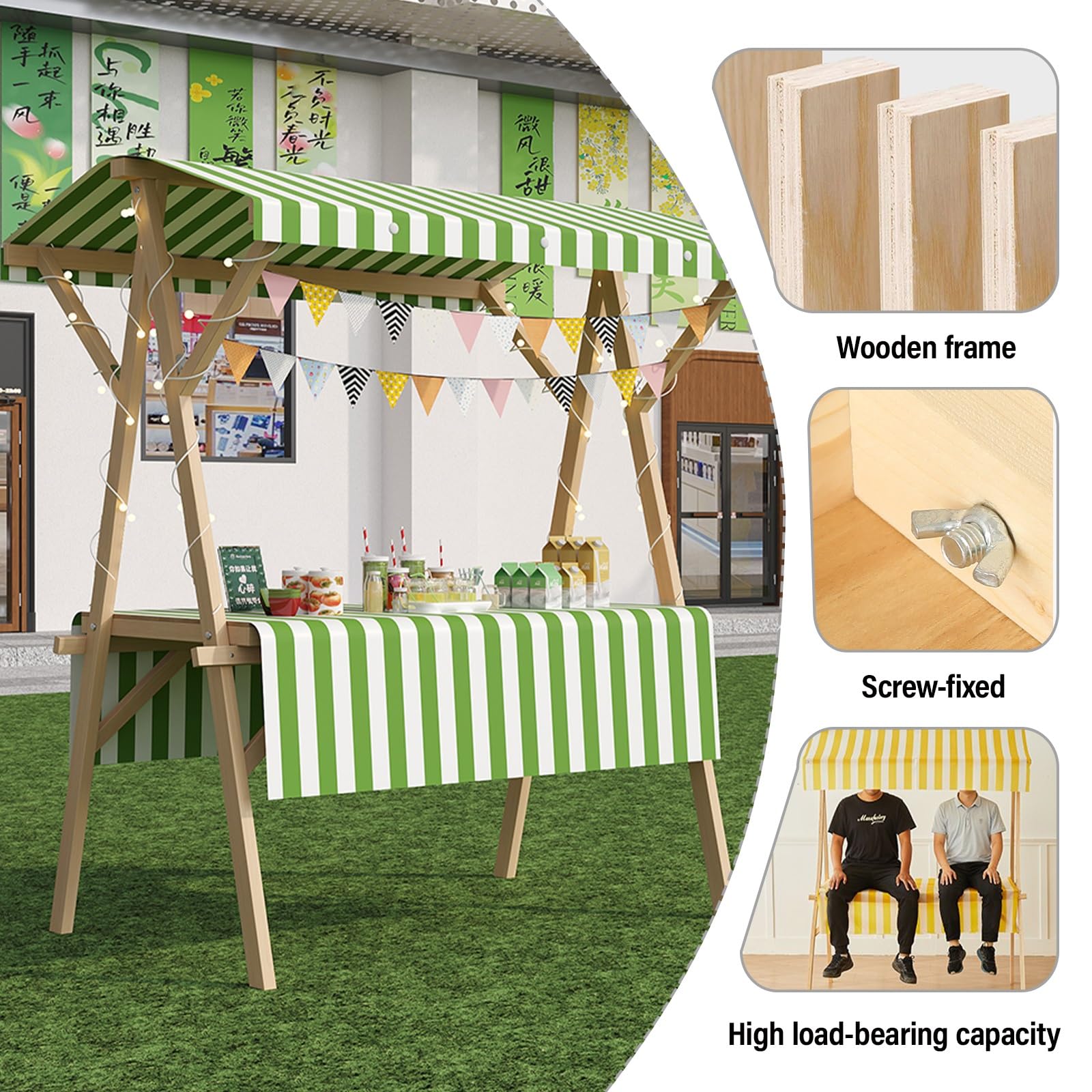 Carrito De Venta Exterior Plegable con Toldo, Puesto De Exhibición De Madera, Food Cart para Mercados, Eventos De Street Food Y Festivales, Kiosco Móvil para Vendedores Ambulantes