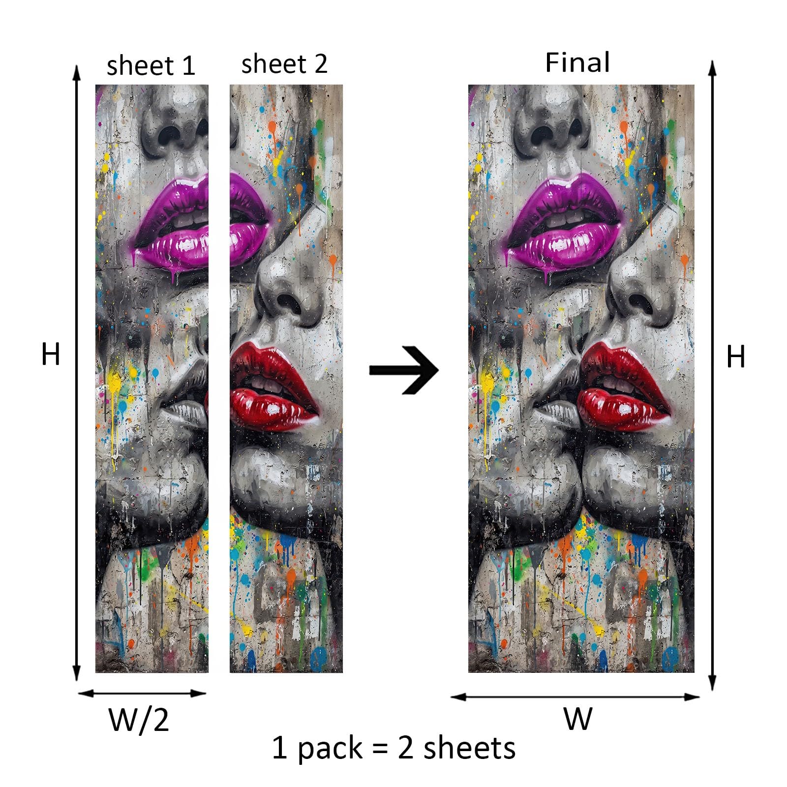 Papel pintado autoadhesivo para puerta de graffiti, 90 x 200 cm, 3D para salón, baño, gris, resistente al agua, póster para puerta, película americana, calle americana, labios brillantes, pintura en