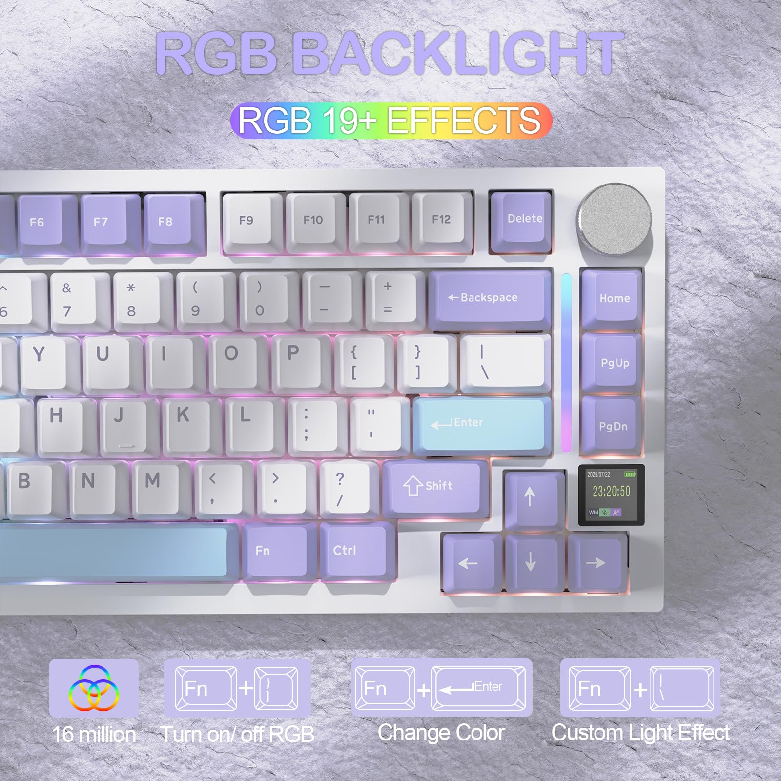 YINDIAO ATTACK SHARK X820 Ultra Gasket Mechanical Keyboard with TFT Screen & Knob, 75% ANSI Layout, 2.4Ghz/BT/Wired, 5 Sound Absorbing Foams, Hot-Swap Linear Switch, for PC,MAC (Purple, Gift Switch)