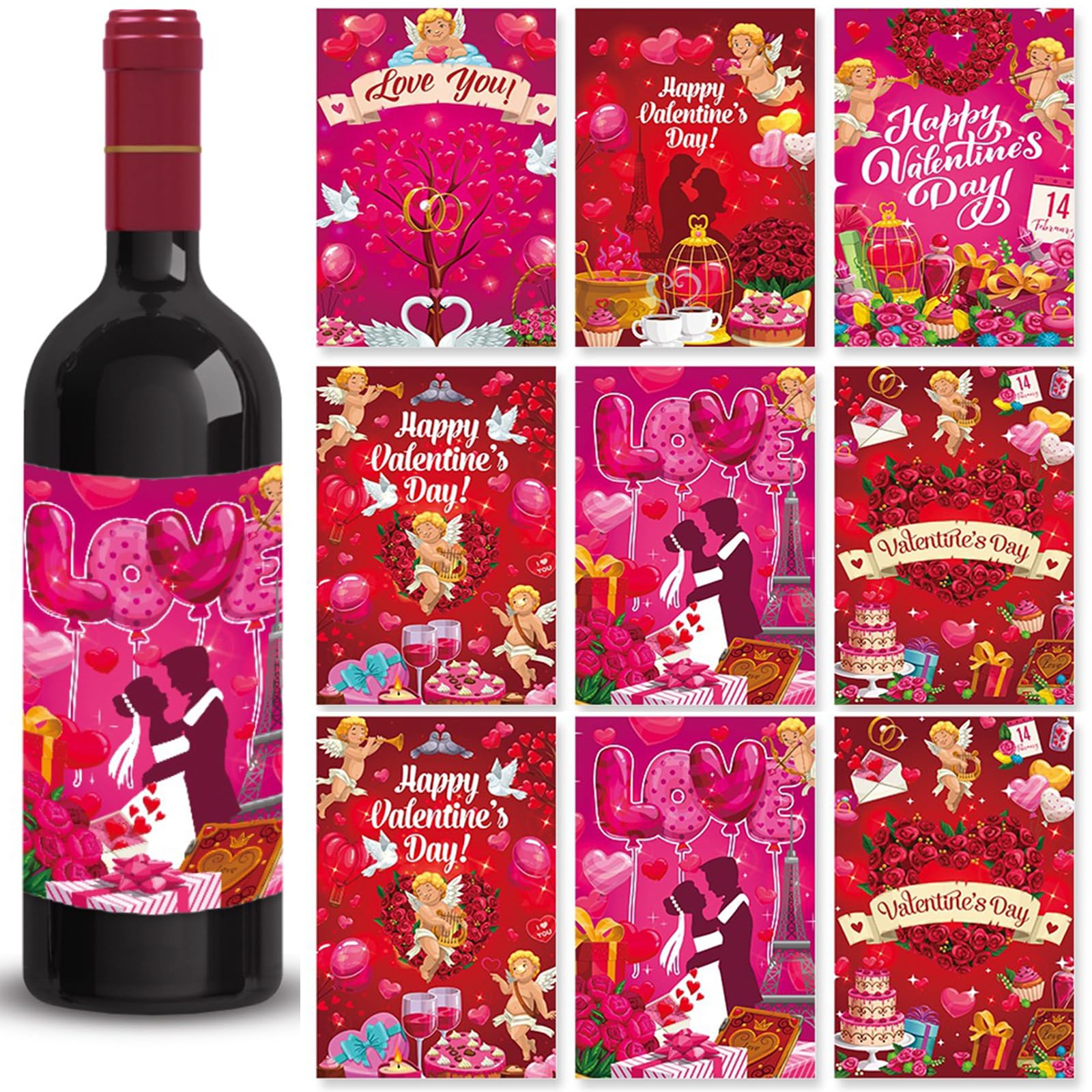 Valentine's Day Wine Bottle Labels Stickers Valentine's Day Party Waterproof Self Adhesive Wine Bottle Stickers Decorations Champagne Bottle Labels for Valentine's Day Party Home Decoration12PCS