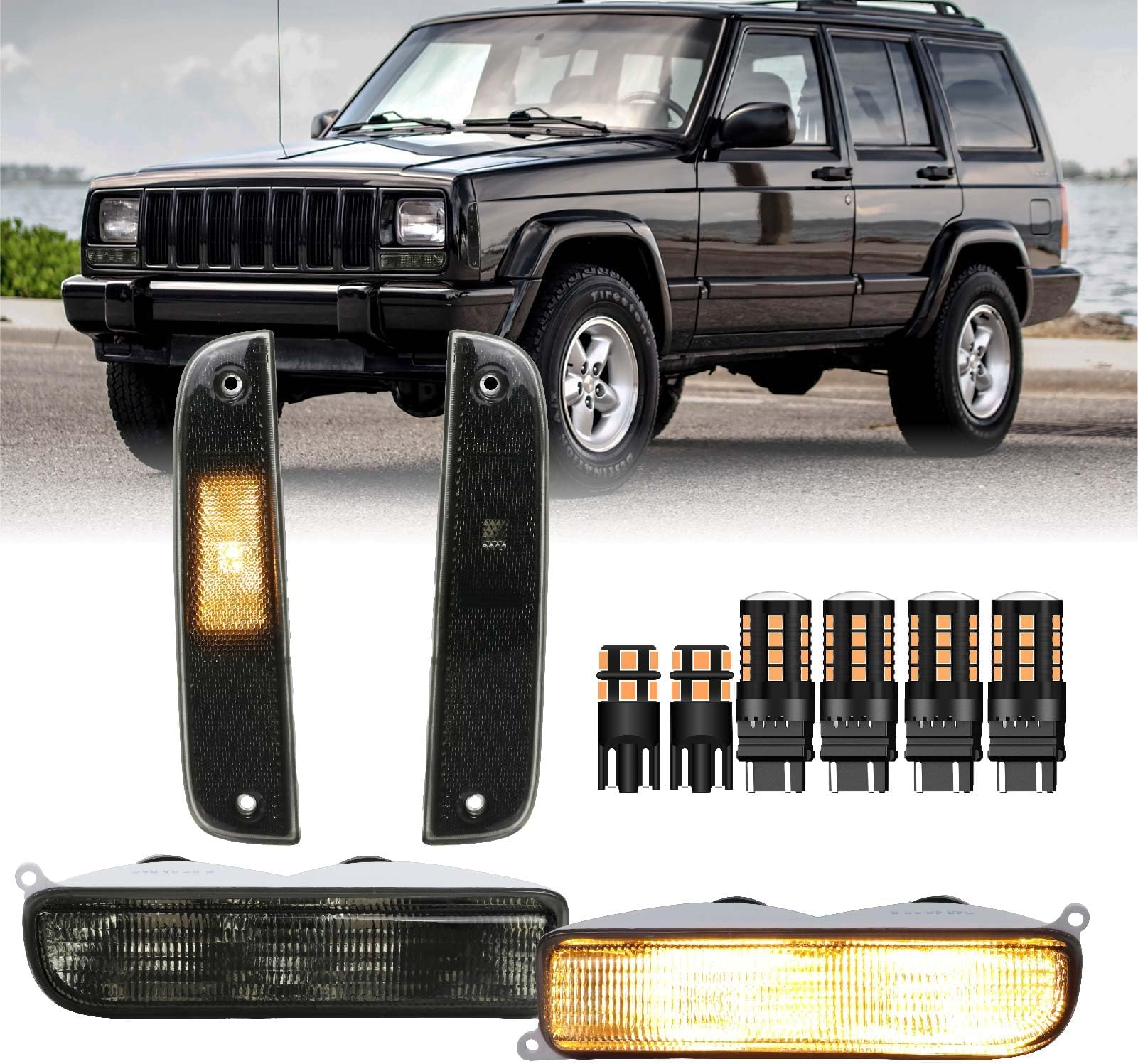 USR 97-01 XJ Cherokee SMOKE Lens Corner Side marker Light & Front Bumper Turn Signal Light - WITH x6 LED AMBER Bulbs UPGRADE – 4 piece Lamps (Left + Right) - Compatible with 1997-2001 Jeep Cherokee XJ