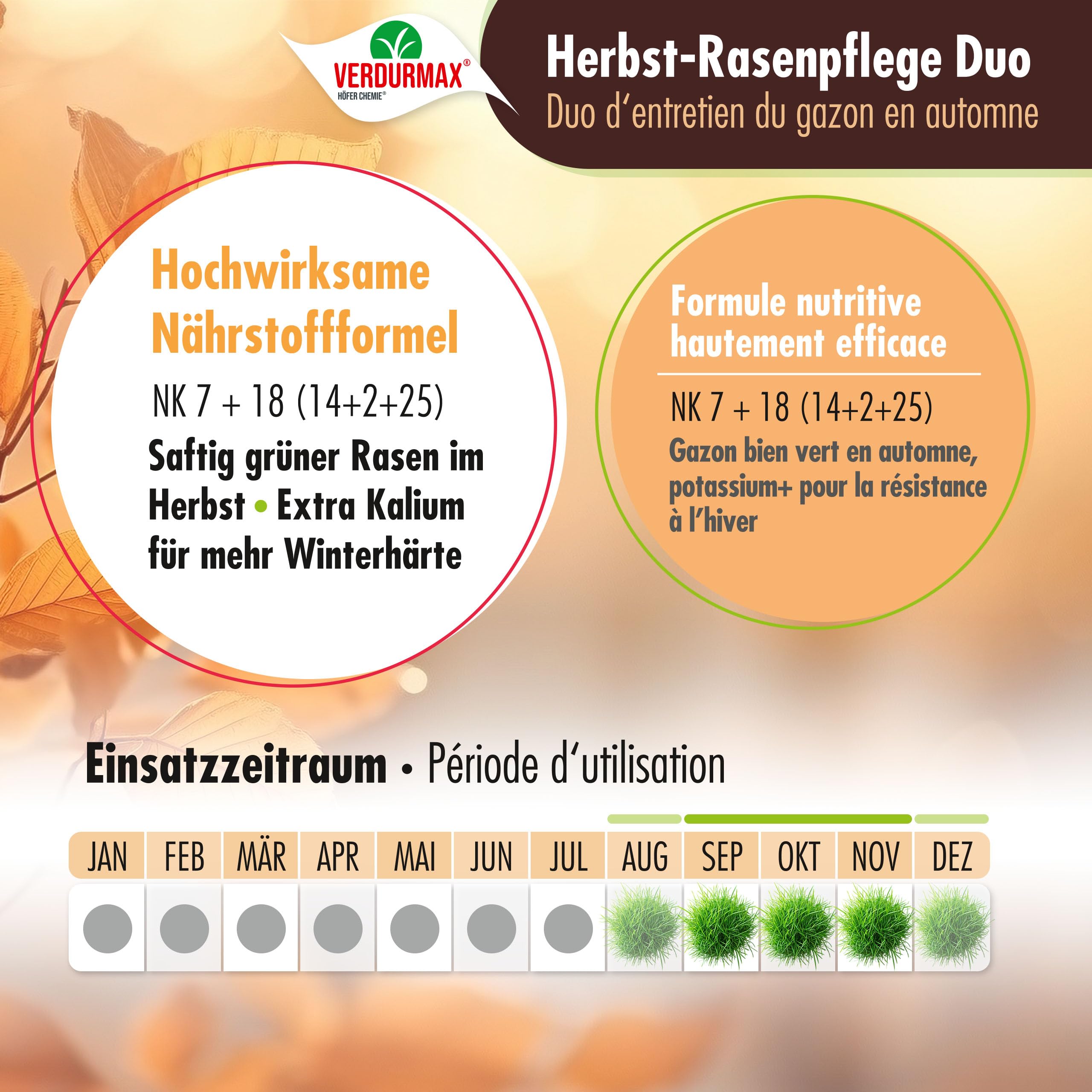 Verdurmax 1 x 20 kg engrais pour gazon d'automne de qualité supérieure - 100% végétalien - Engrais NK 7+18 (+14+2+25) - Résistant à l'hiver et au gel - Granulés sans poussière