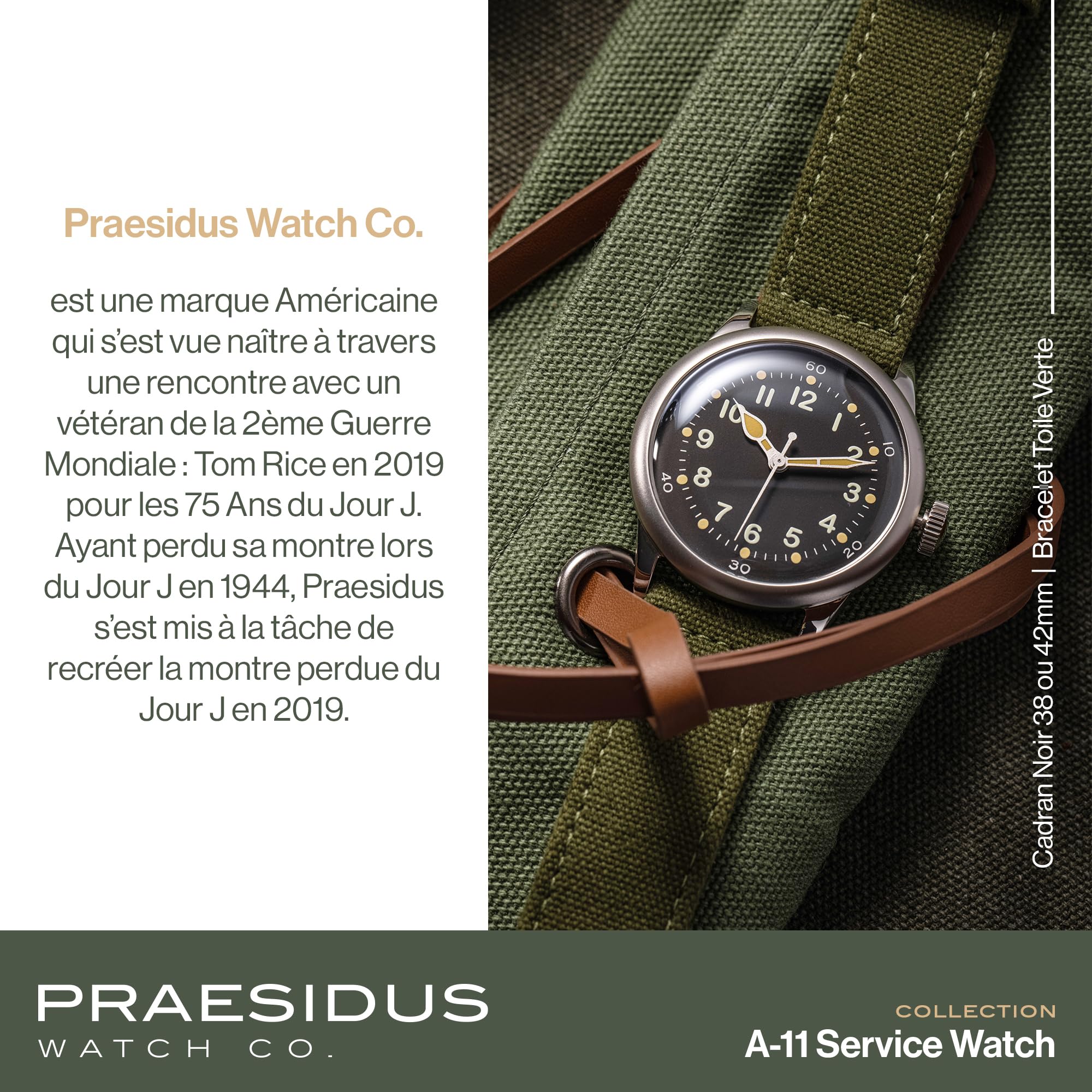 PRAESIDUS | Serwis Watch - automatyczny zegarek wojskowy, męski zegarek wojskowy - czarna tarcza ze stali nierdzewnej 38 mm, zielony pasek z płótna - męski automatyczny zegarek, wojskowy zegarek USA