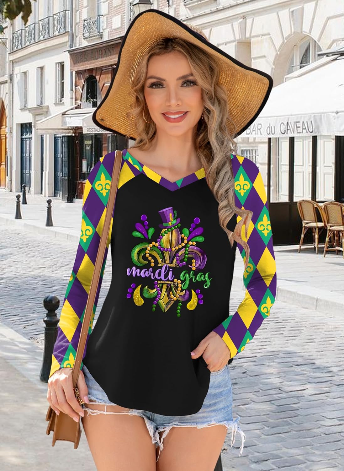 Mardi Gras Long Sleeve Shirts for Women: Funny Mask Graphic Tee Carnival V Neck Tshirt New Orleans Party Tops - Image 4