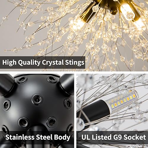 Miniatura 4 de CM MZY Candelabros de cristal modernos de fuegos artificiales, 9 luces de diente de león negro Sputnik, lámpara colgante Sputnik para dormitorio,