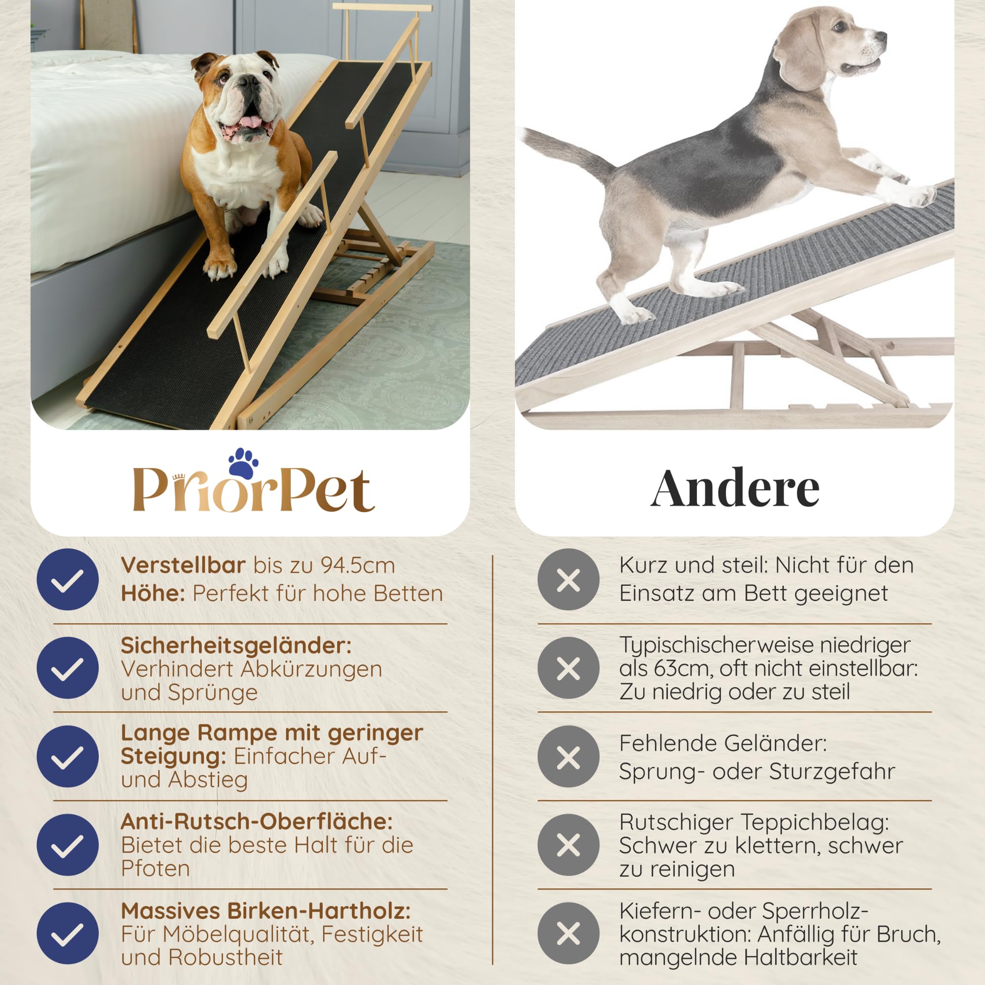 Hunderampe Bett PRIORPET aus Birkenholz mit Sicherheitsgeländer - Höhenverstellbare hundetreppe für Betten bis zu 94.5cm - Klappbar - Anti-Rutsch-Griff - Für kleine Hunde bis zu 23kg - Naturel