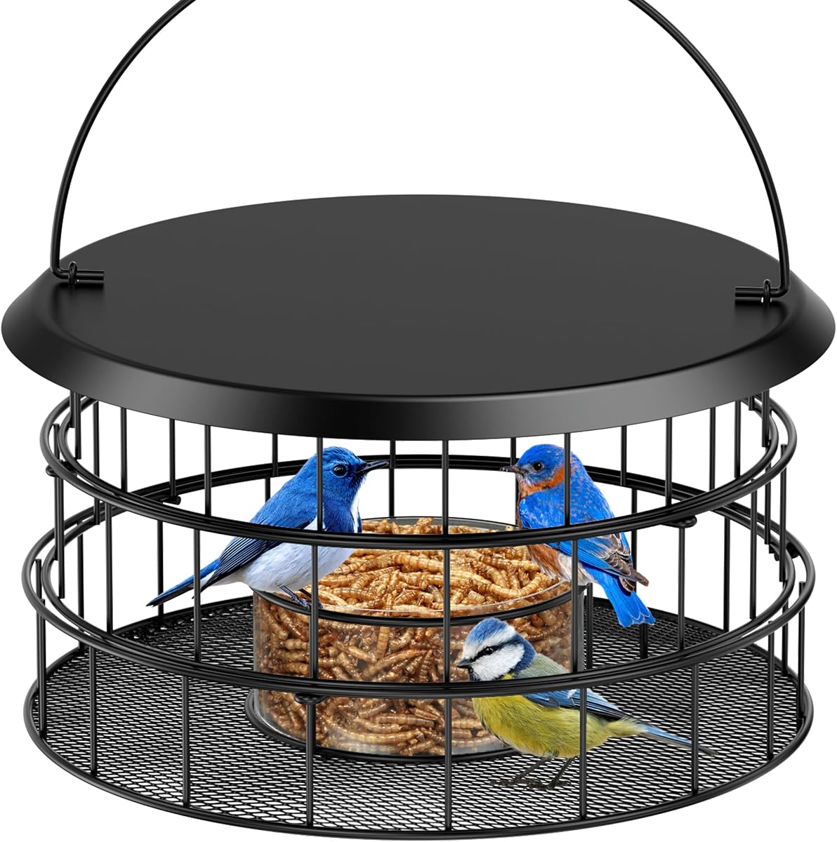 Comedero para pájaros colgante, comederos para pájaros azules a prueba de ardillas enjaulados de metal, malla metálica | Comedero para pájaros totalmente de metal, con bandeja, a prueba de ardillas y resistente a la intemperie, fácil de rellenar y limpiar