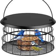 Hanging Bird Feeder, Metal Caged Squirrel Proof Bluebird Feeders Metal Mesh | All Metal, Cage Mealworm Bird Feeder with Tray, Squirrel Proof & Weatherproof, Easy to Refill & Clean