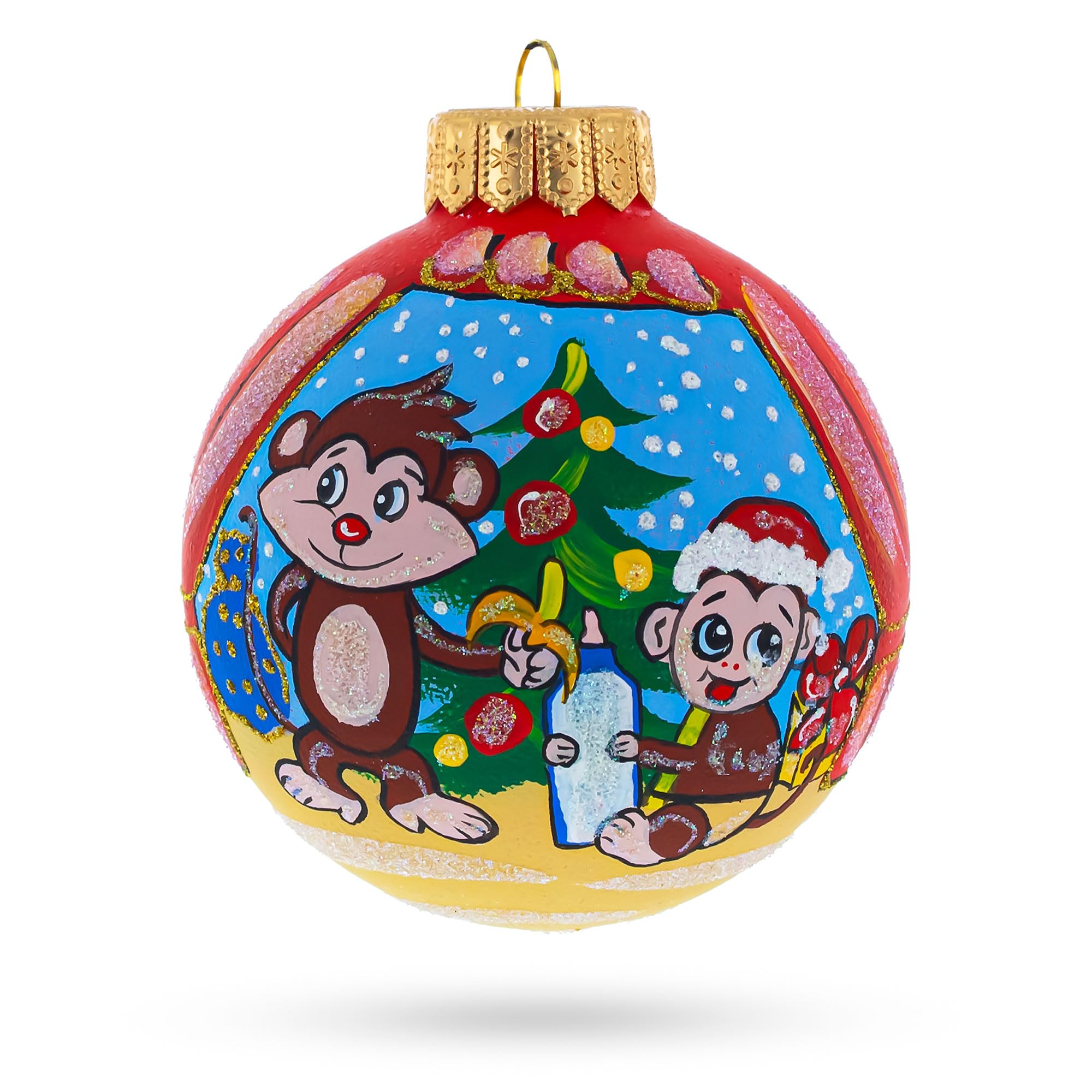 Mono y Bebé Conmovedor junto al Árbol de Navidad - Bola de Vidrio Soplado Artesanal para Adorno de Navidad de 4 Pulgadas