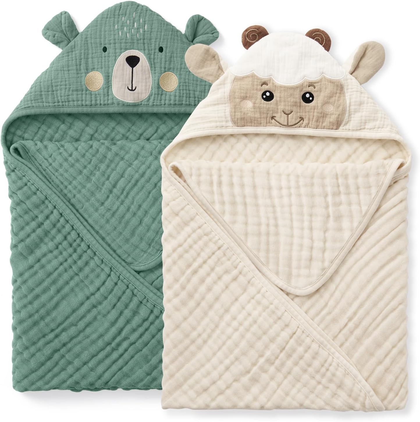 Blissful Diary Muslin Baby Hooded Towel 2 Pack, Soft & Absorbent Bath Towel for Infant, Toddler, Unisex, Baby Gift, Newborn Essentials, Bear & Lamb