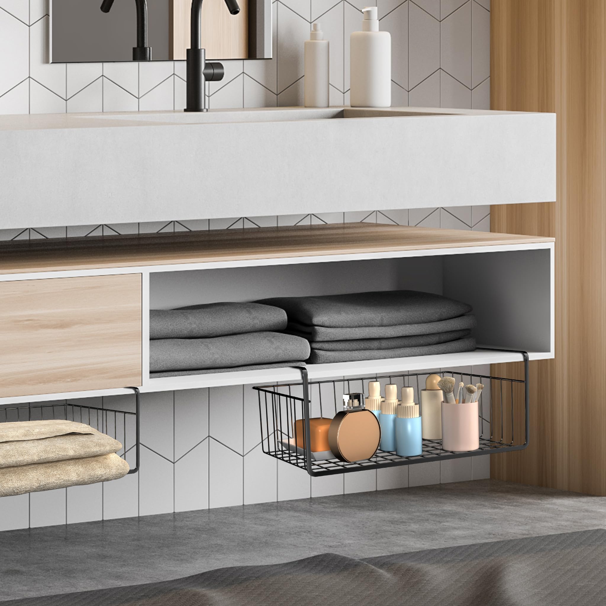 FIVMEN 2 Estantes Inferiores, Cesta Colgante de Metal, Cesta de Almacenamiento, Organizador para Cocina, Oficina, Despensa, Baño, Armario, 40 x 25 x 15 cm, Negro