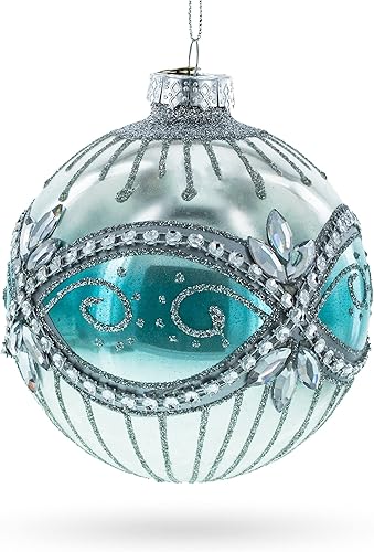 Miniatura 2 de Elegante adorno de Navidad de bola de vidrio soplado con joyas de plata y azul