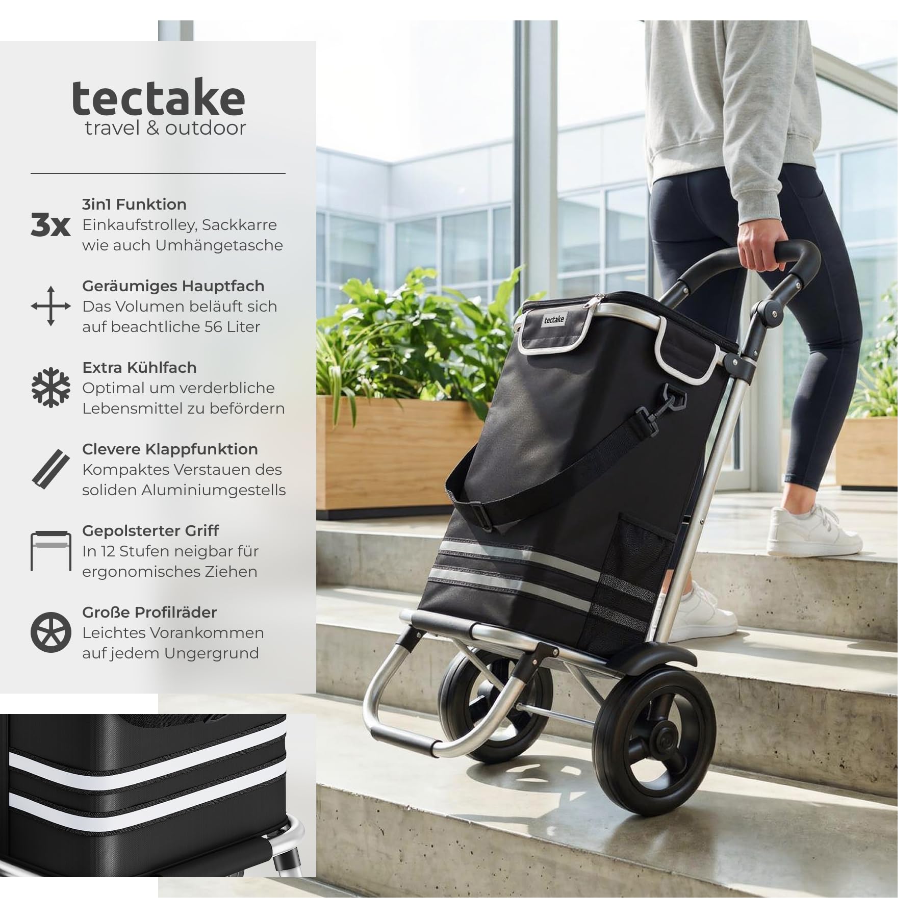 tectake® Einkaufstrolley 3-in-1 klappbar mit Kühltasche, 30 kg belastbar, 45,5 L, Einkaufsroller, Shopper, Sackkarre, Umhängetasche, Trolley Tasche, höhenverstellbarer Griff, Alu Gestell - schwarz