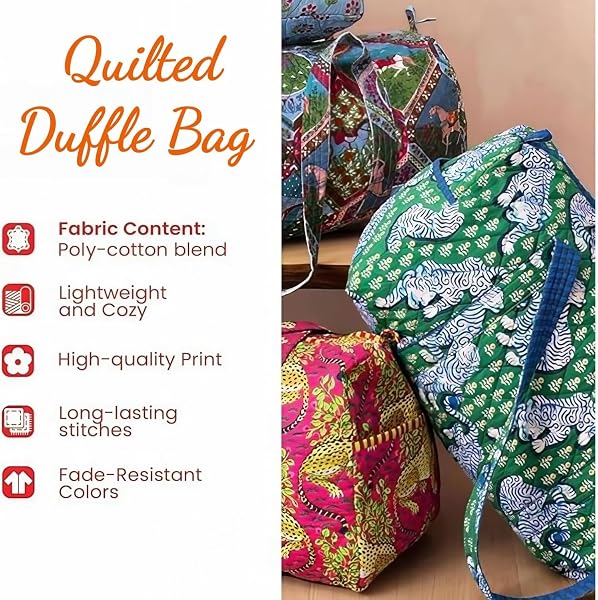 Hippie Van Quilted Duffle Bag,Boho Vintage Floral Weekender Travel Bag,Large Capacity Lightweight Gym Tote for Women (G) - 4