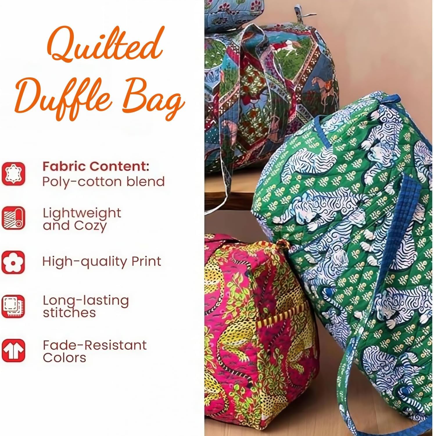 Hippie Van Quilted Duffle Bag,Boho Vintage Floral Weekender Travel Bag,Large Capacity Lightweight Gym Tote for Women (G) - 5