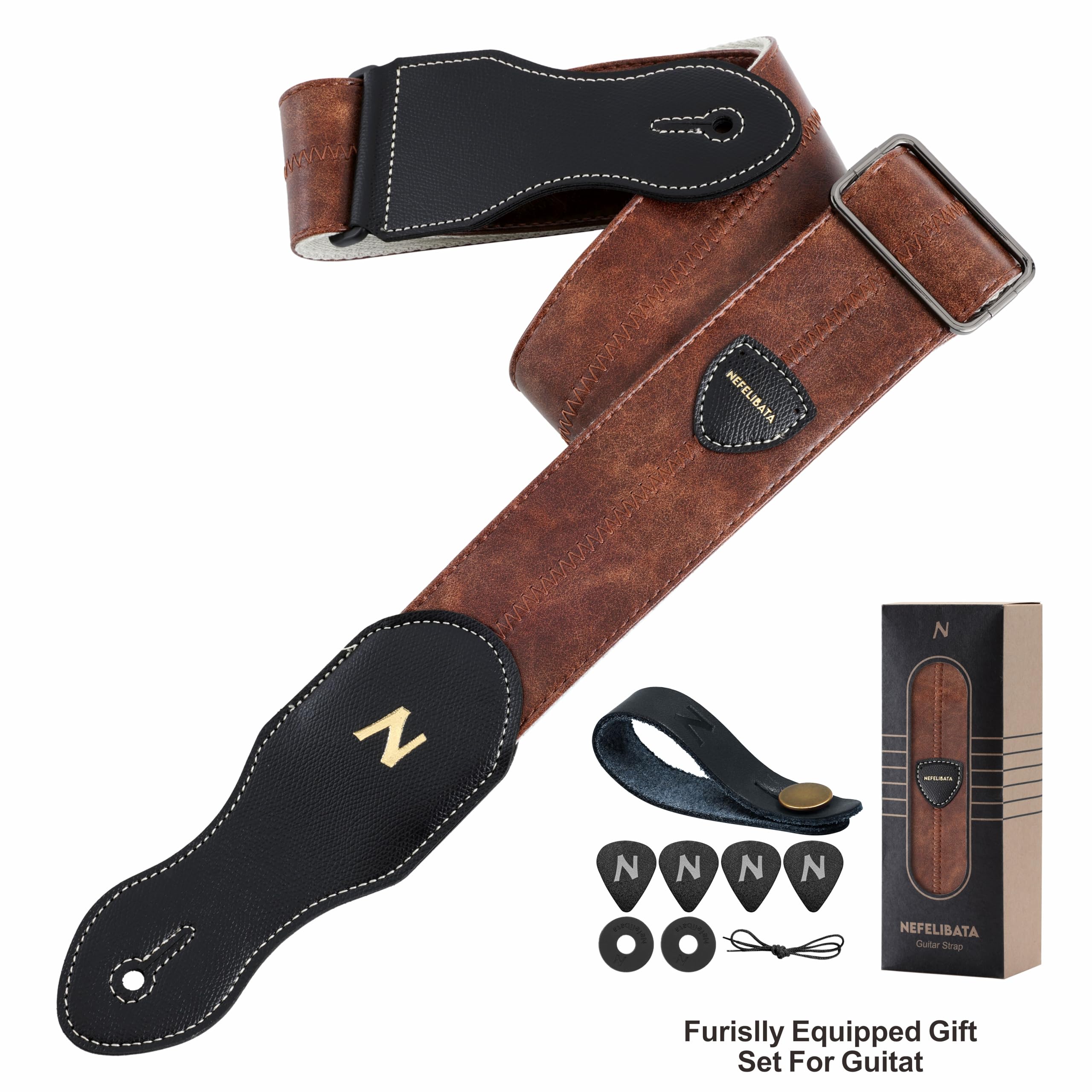 Nefelibata Gitarrengurt mit Plektrentasche, 5,8 cm, weiches veganes Leder, 60er-Jahre-Stil, Braun