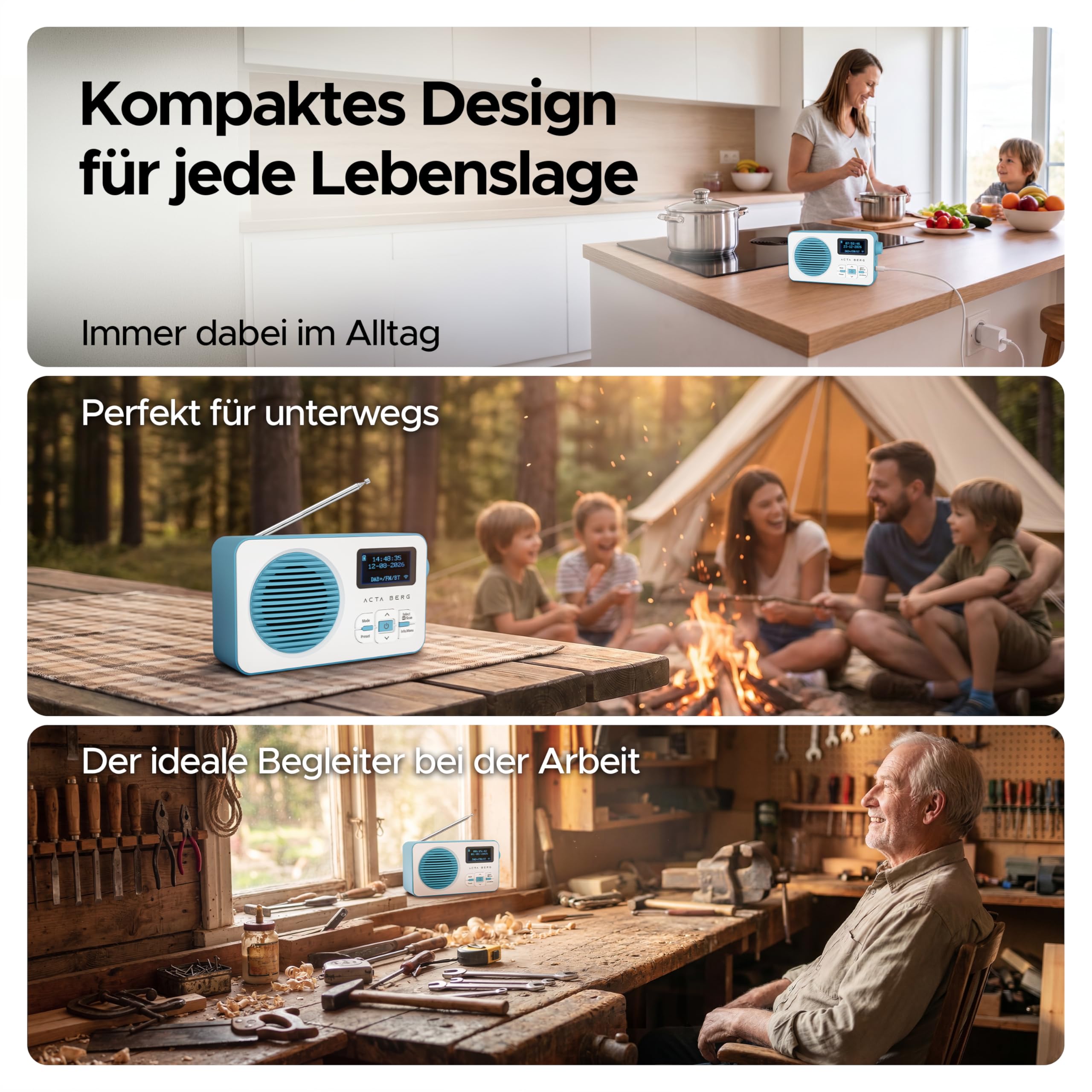 Acta Berg DAB Radio mit Akku 5000 mAh austauschbar & BT 5.3 (Baby-Blau) | DAB+/UKW-Radio, Akku austauschbar + Netzstecker, 80 Senderspeicher, USB-C, tragbares Digitalradio, mit Wecker & Timer