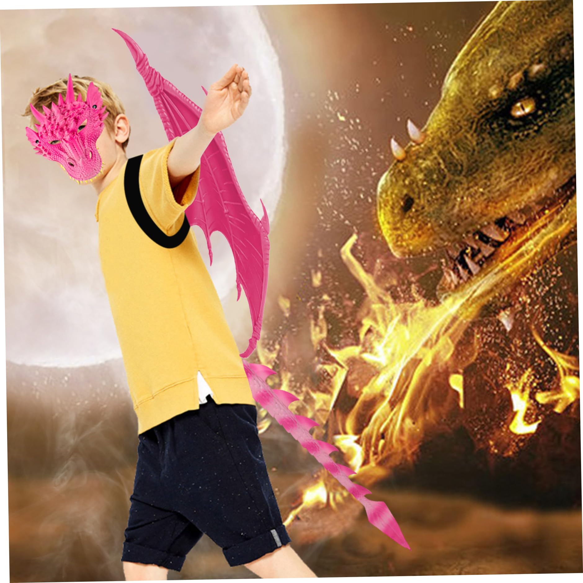 Set drago di Halloween per bambini 3 pezzi Copriviso Coda Costume cosplay Puntelli per foto Rosso, Drago Cosplay