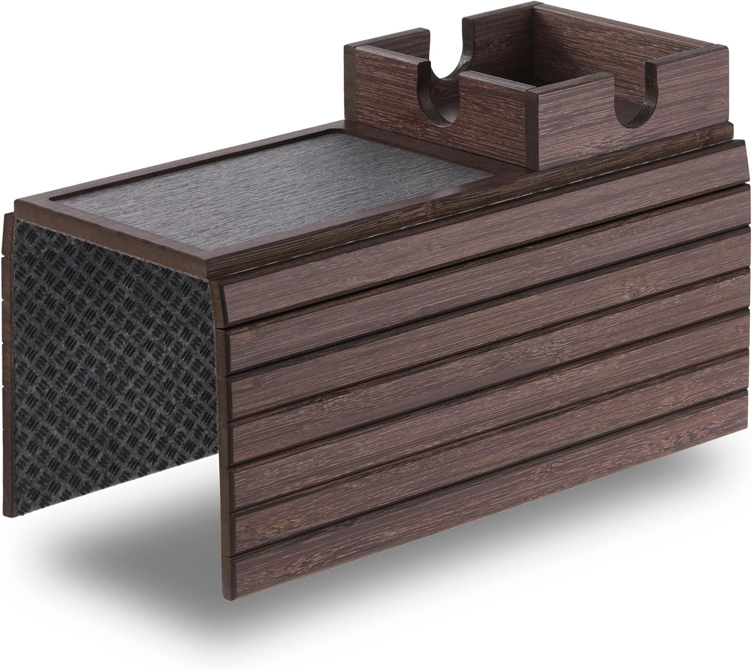 Detor Couch Cup Holder Tray with Super Anti-Slip Pad, Large 4.5" x 4.5" Organizer, Brown-Stained Bamboo Finish, Enhanced Non-Slip Felt Base, Durable Bamboo Slats, Fits Armrests 5.5" and Wider