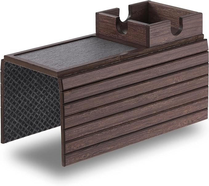 Detor Couch Cup Holder Tray with Super Anti-Slip Pad, Large 4.5" x 4.5" Organizer, Brown-Stained Bamboo Finish, Enhanced Non-Slip Felt Base, Durable Bamboo Slats, Fits Armrests 5.5" and Wider
