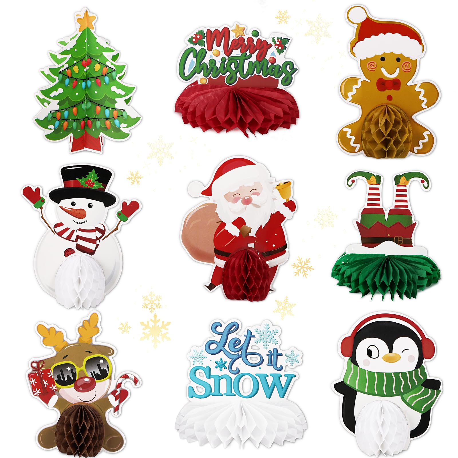 GEBETTER 9Pcs Adornos Navidad Mesa, Decoración Centro Mesa Navidad, Manualidades Navideñas Fiesta Infantil, Árbol Navidad Papel, Muñeco Nieve Reno Pingüino Panal Nido Abeja 3D Cartulina Regalo Niños