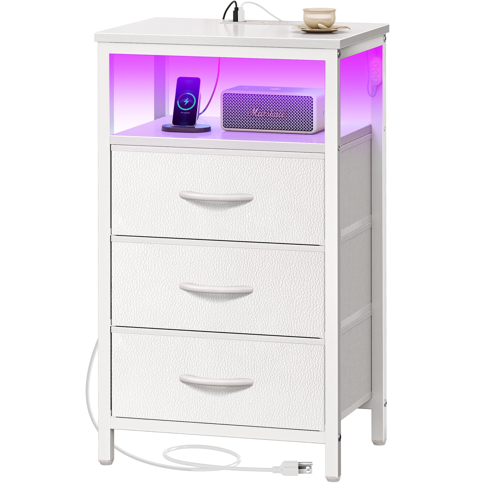 Huuger Night Stand with Charger Station and LED Lights, 3 Drawer Nightstand, Bed Side Table with Open Shelf, End Table, Tall Fabric Dresser for