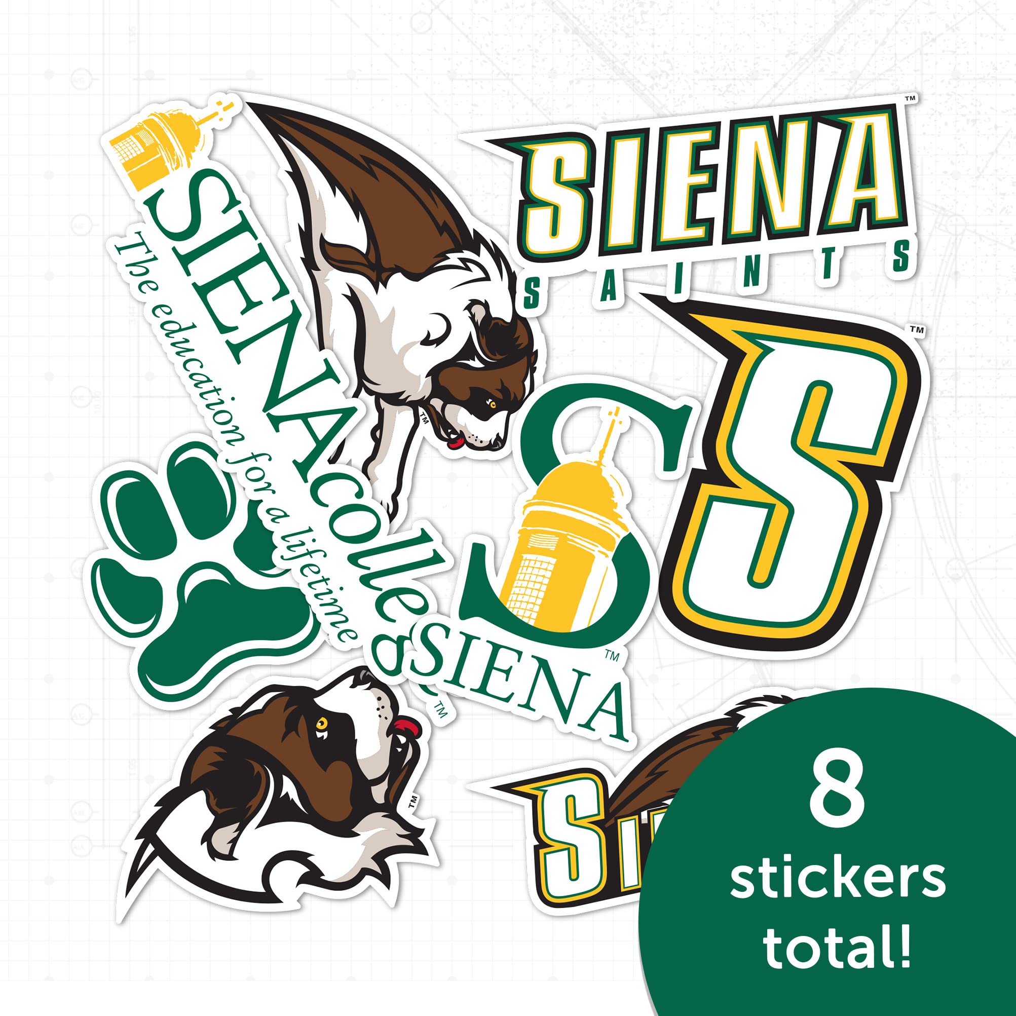 Siena College Sticker Sheet - 7 Vinyl Decals For Laptop, Water Bottle, Car, Scrapbooking (8.5x11 Inch)