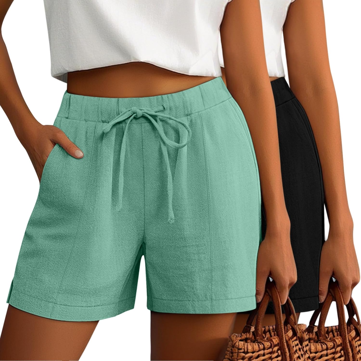 Riyiper 2 Pack Casual Linen Shorts for Women, Drawstring Elastic Waist Split Side Summer Line Comfy Lounge Short with Pocket