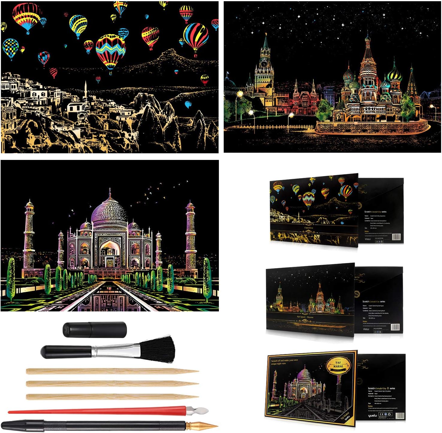 Scratch Painting Kits, Craft Art Set for Adults & Kids, Rainbow Scratch Painting Paper, Sketch Pad DIY Scratchboard, 16'' x 11.2'' Creative Gift- with 7 Tools(Hot Air Balloon / Red Square / Taj Mahal)