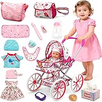 Vista 6 de Juego de Juguetes de Cochecito para Muñeca de Bebé con Muñeca de Bebé de 13'', Cama de Muñeca, Silla de Comedor, 26 Piezas de Accesorios para Muñeca
