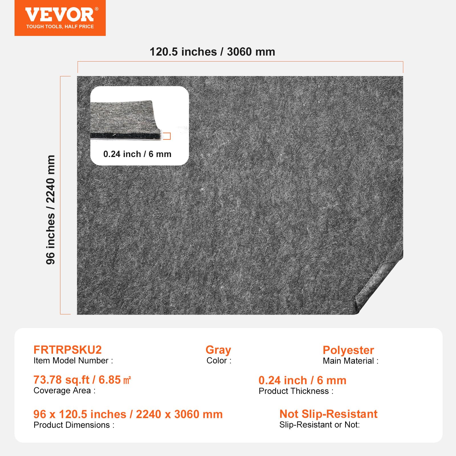 VEVOR Cojín para Alfombra Cojín Protector de Suelo, 224 x 306 cm Espesor de 6 mm, Fieltro de Poliéster, Gris, Área de Cobertura de 7-8 ㎡ Protección del Suelo Cómodo para Dormitorio, Sala de Estar