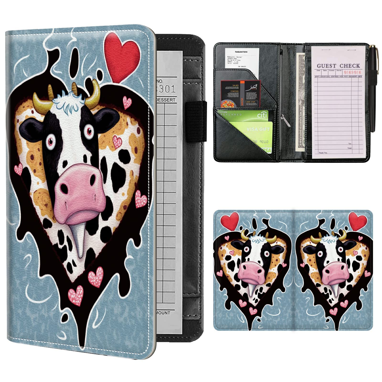 Server Books for Waitress Waiter with Zipper Pocket, Heart Cow Leather Server Pads Waitstaff Organizer Guest Check Presenters Server Wallet Money Holder Pouch Fit Apron