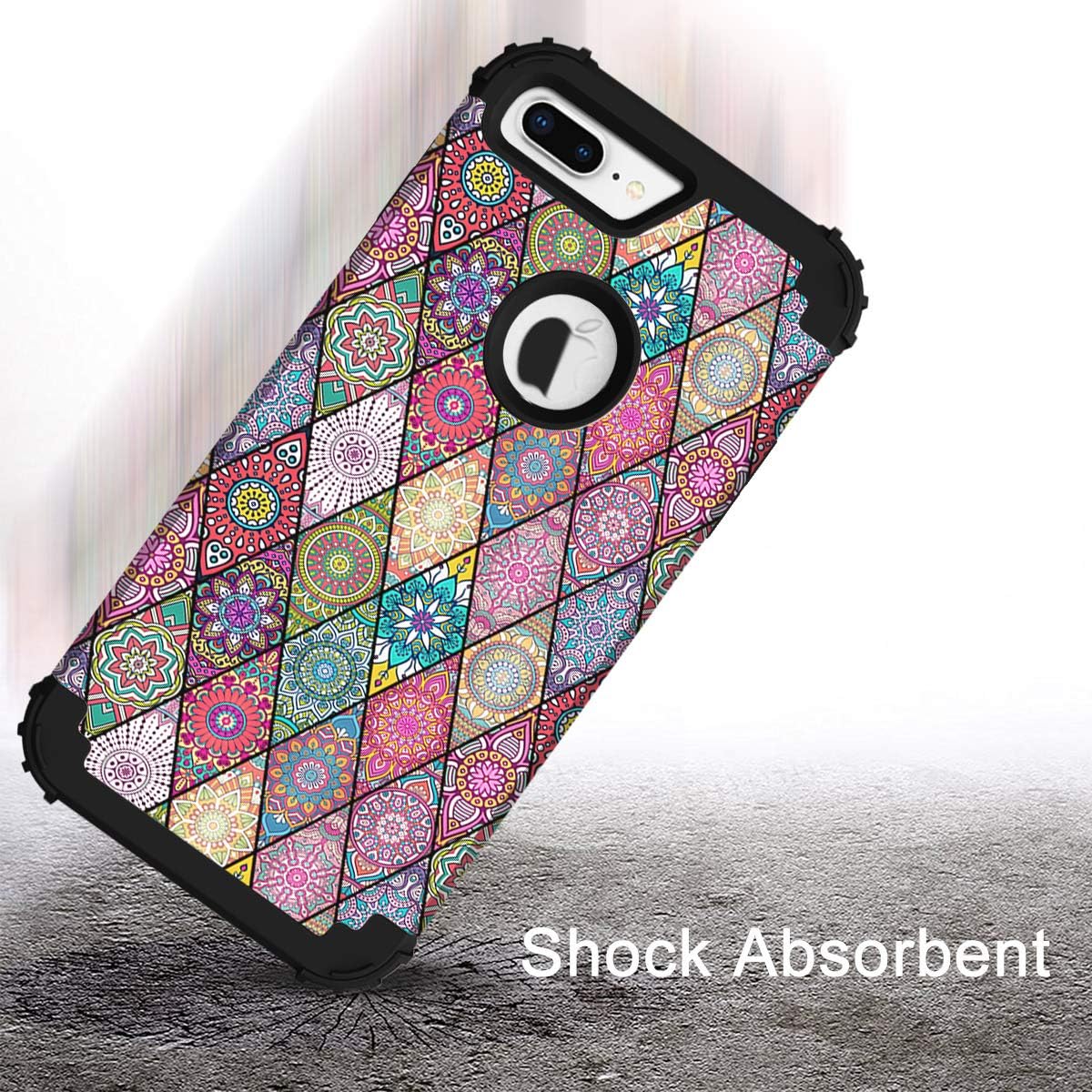 Hocase iPhone 8 Plus Case, iPhone 7 Plus Case, Heavy Duty Shockproof Protection Hard Plastic+Silicone Rubber Hybrid Protective Case for iPhone 7 Plus/iPhone 8 Plus - Mandala Flowers/Black
