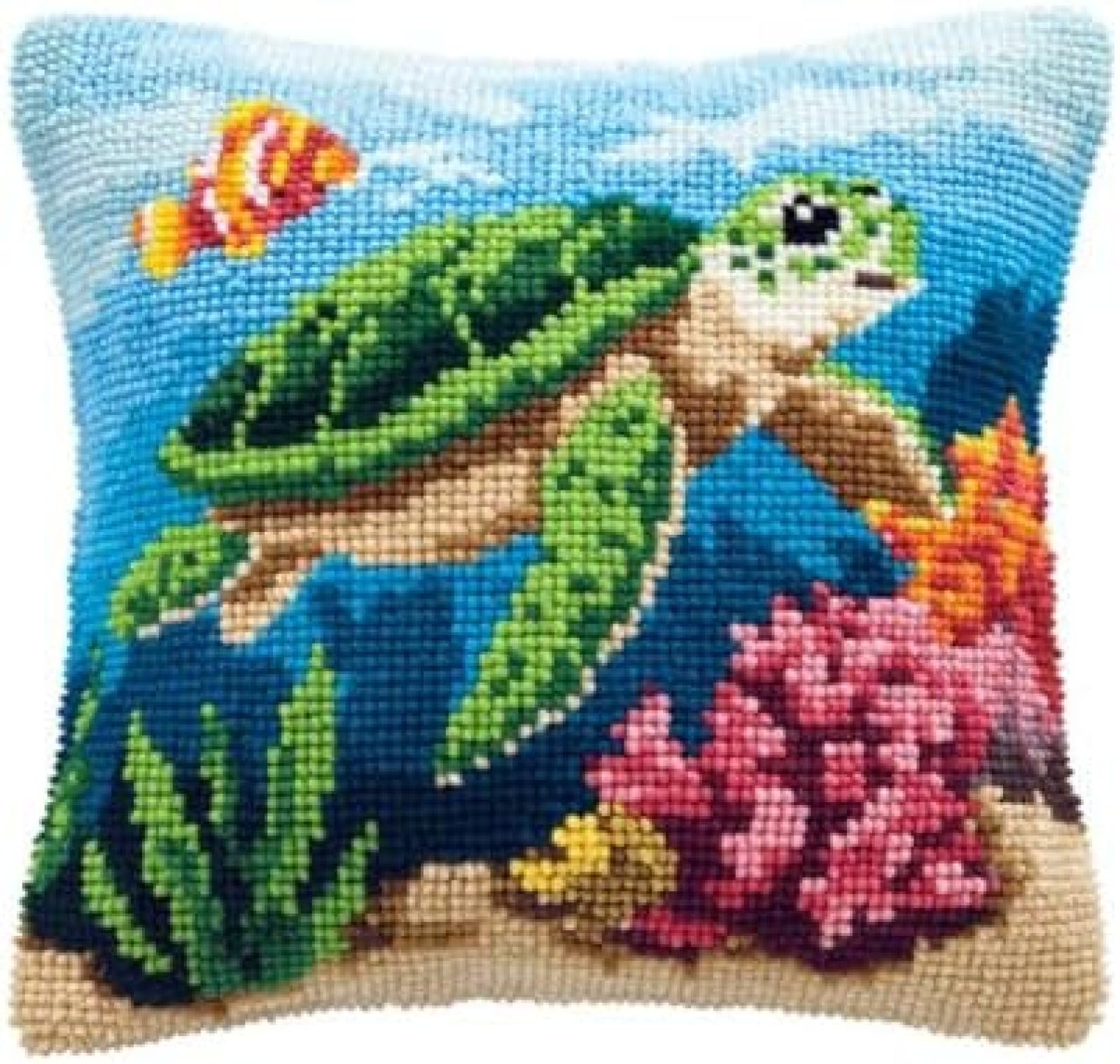 kitphoenix Latch Hook Cushion Cover Making Kit for Adults,Cute Green Sea Turtle and Coral Reef Shallows,DIY Handmade Craft Gift with Yarn,Hook and Printed Canvas,43x43 cm