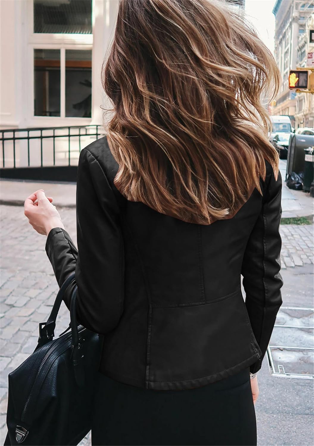 Women's Long Sleeve Fall Jacket Zipper Solid Color Blazer Casual Faux Leather Coat