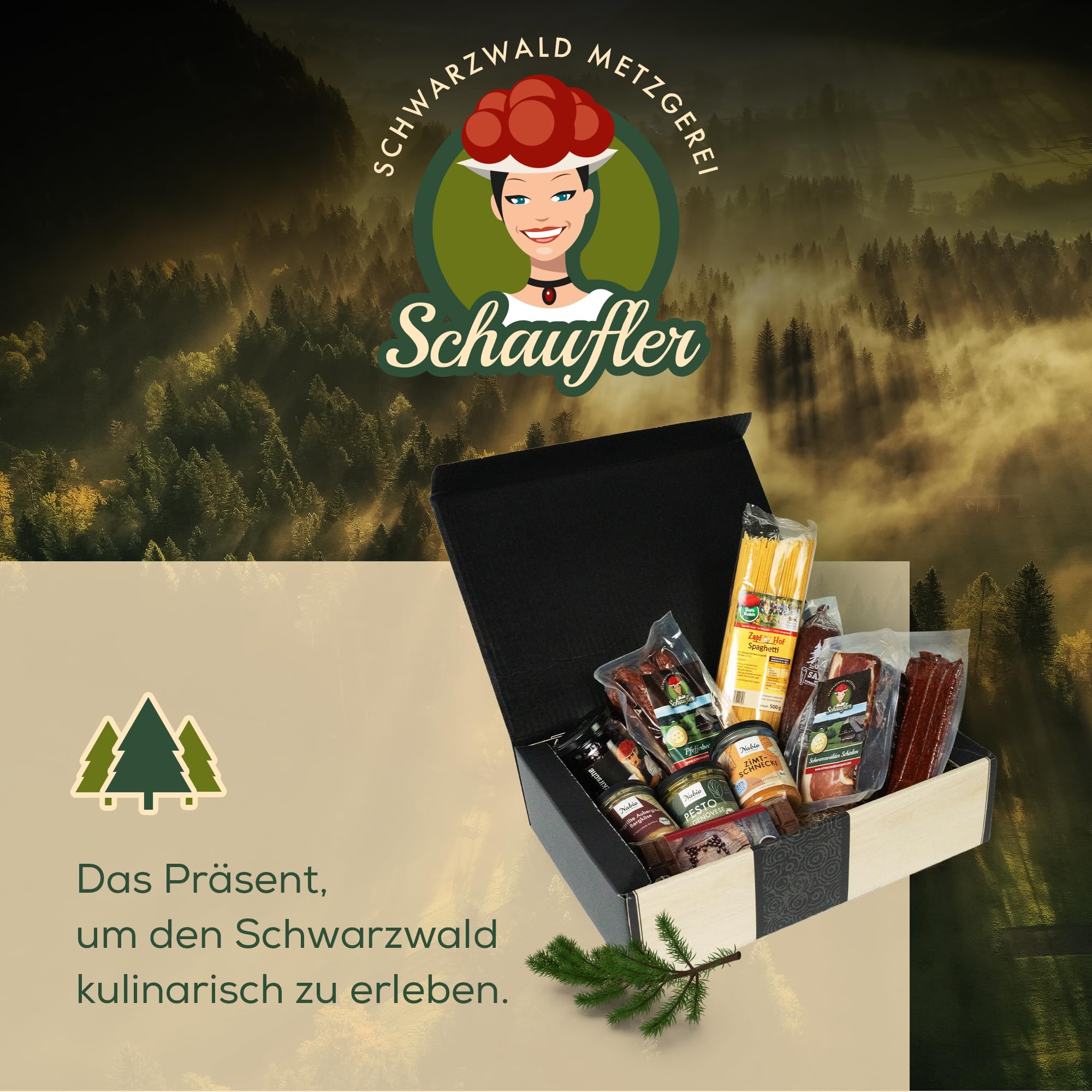 Schwarzwald Metzgerei - Jubiläum Geschenk Set – Exklusiver Schwarzwald Präsentkorb mit Schinken, Salami, Landjäger, Pfefferbeißer, Pasta & Pesto – Wertschätzung für Mitarbeiter, Firmenkunden