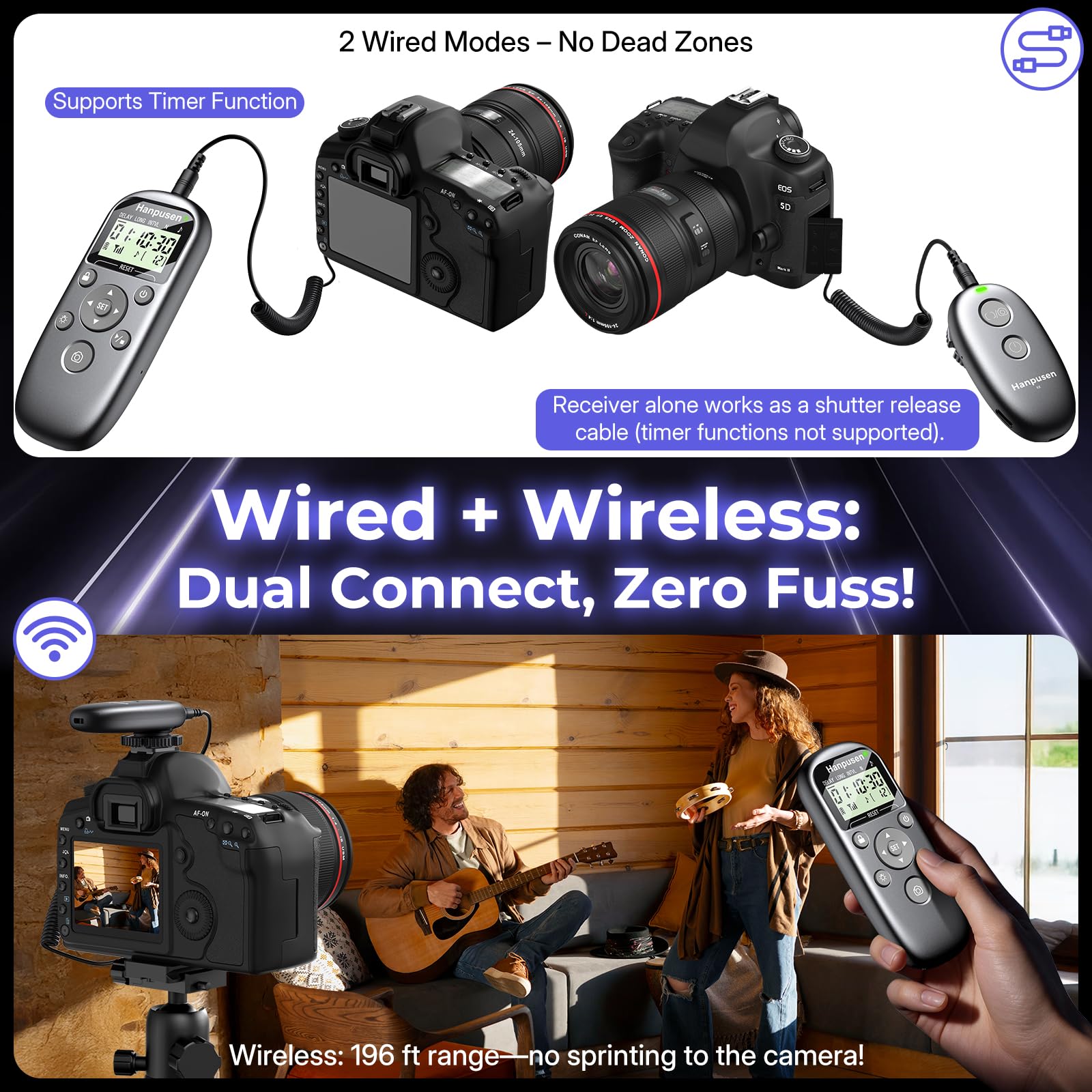 Hanpusen Intervalómetro inalámbrico recargable para cámara Nikon, temporizador y disparador remoto, control remoto para Nikon