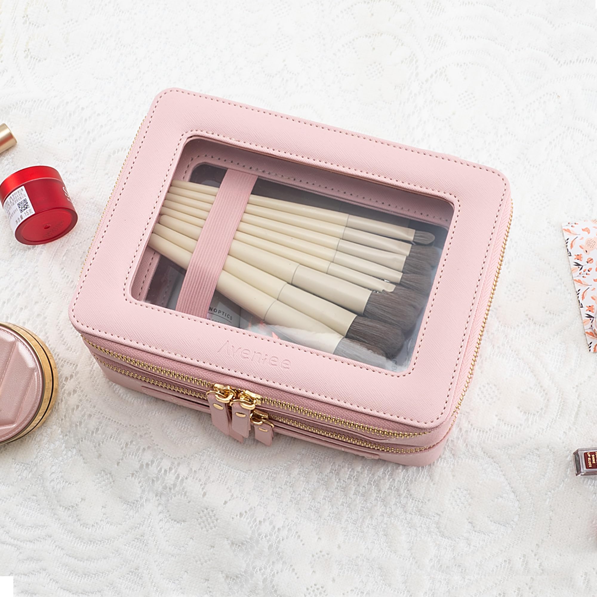 Aveniee Beauty case trasparente piccola, mini beauty case da viaggio organizer per cosmetici, approvato dalla TSA, custodia trasparente con cerniera, essenziale per auto per donne e uomini, Rosa