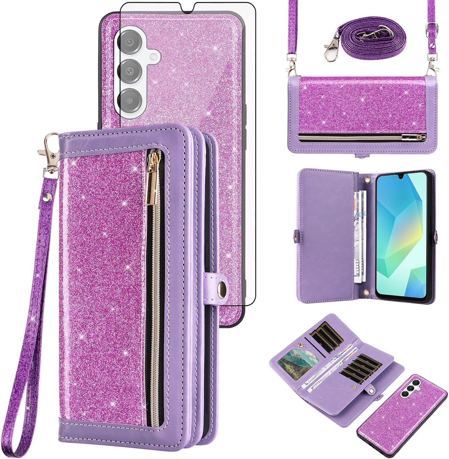 Asuwish Phone Case for Samsung Galaxy A16 5G/4G Zipper Wallet Cell Cover with Tempered Glass Screen Protector Crossbody Lanyard Strap Bling Glitter Flip Card Holder Slot A 16 16A SM-A166U Women Purple