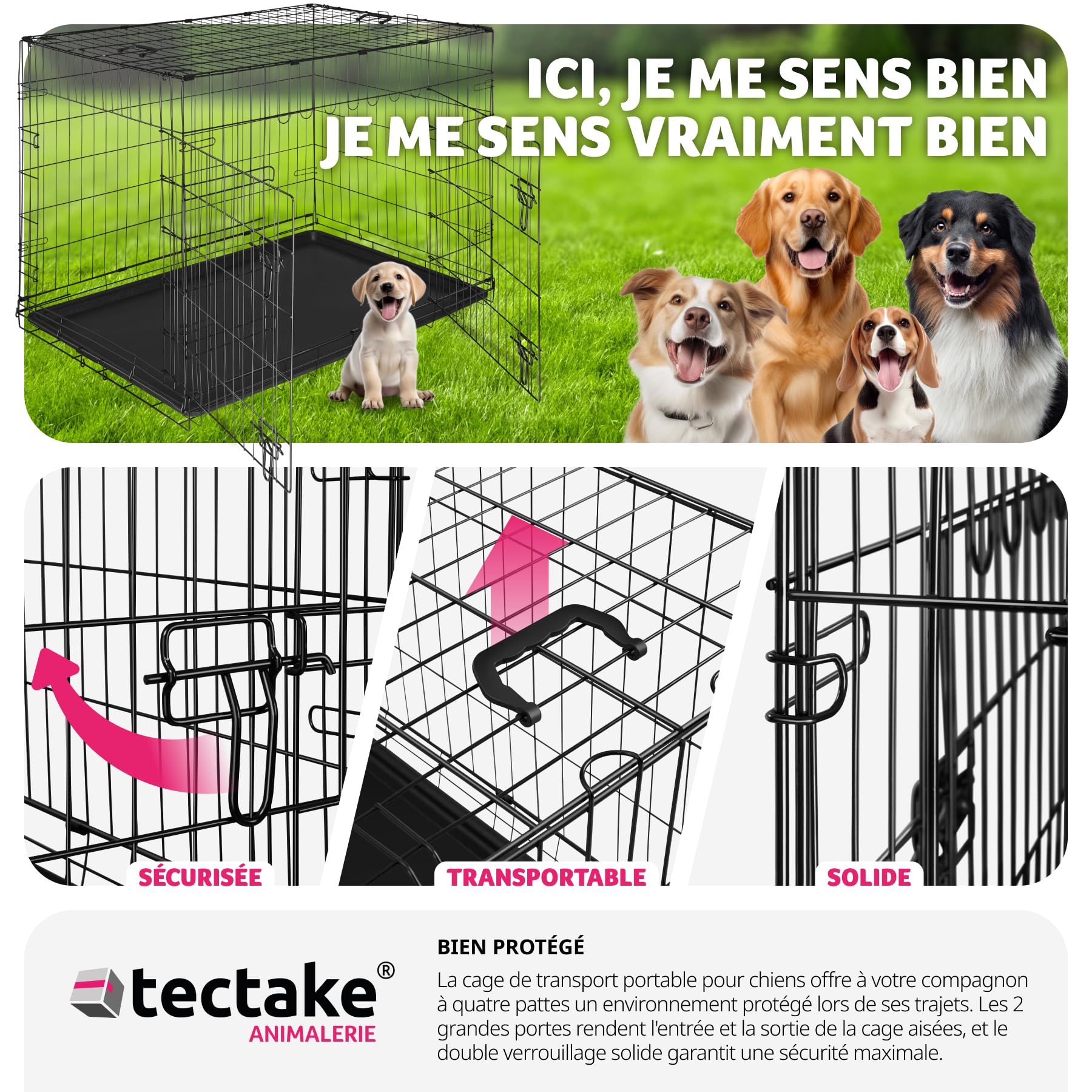 tectake® Cage pour Chien Pliable et Robuste Caisse de Transport pour Chien & Chiots Taille XL, Fond amovible, 2 portes double verrouillage, Poignées de transport, Accessoires Chiens, 121,5x75,5x80,5cm