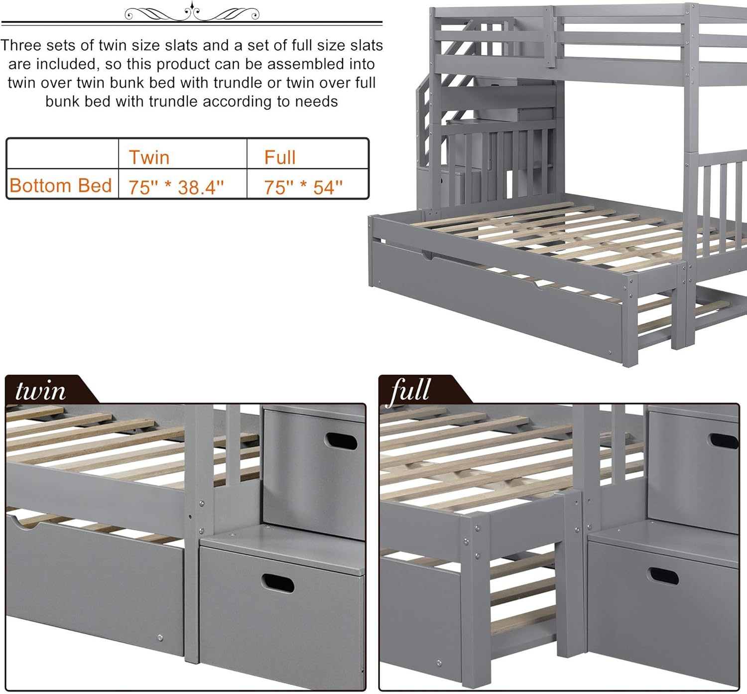 SOFTSEA Twin Over Twin Bunk Beds with Trundle, Wood Kids Bunk Bed with Stairs, Convertible Bottom Bed, No Box Spring Needed (Gray)