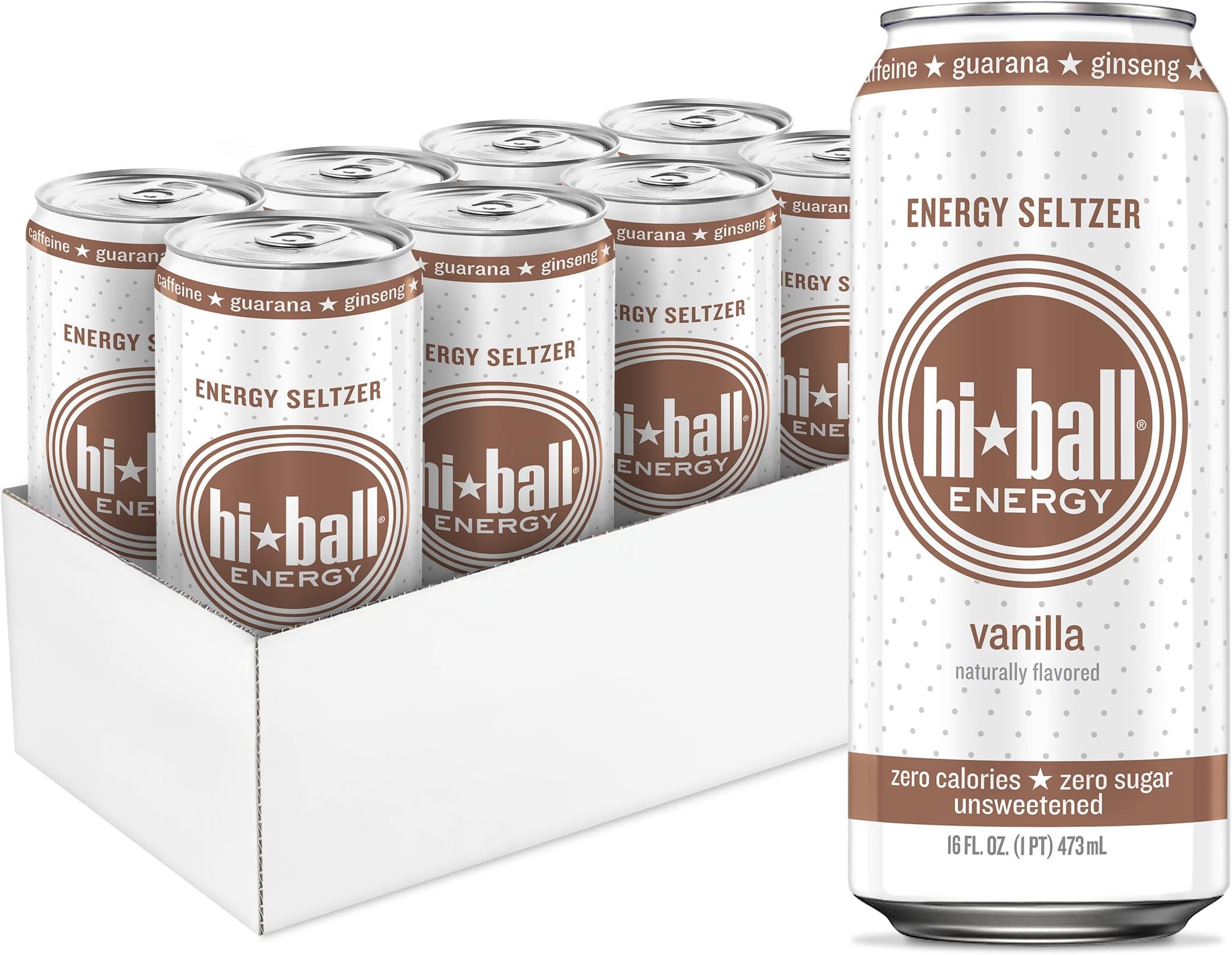 Hiball Clean Energy Drink - Vanilla - Zero Sugar, Zero Calorie Sparkling Water with 160mg Organic Caffeine, 50mg Organic Ginseng, 50mg Organic Guarana and B Vitamins - 16 fl oz (8-Pack)