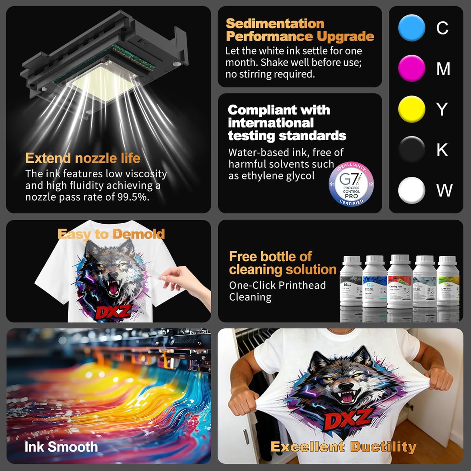 DXZ Premium DTF Ink 1250ML,DTF Transfer Ink for PET Film,Refill for DTF Printers for L1800, XP600, L805,L800, R2400, XP-15000, P400, P800（5 * 250ML CMYKW）