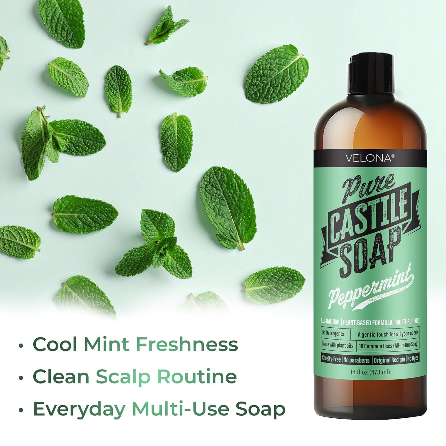 velona Pure Castile Soap - 64 Fl oz | Mild & Gentle | Face, Hand, Hair, Body Wash, Laundry | Peppermint Essential Oil