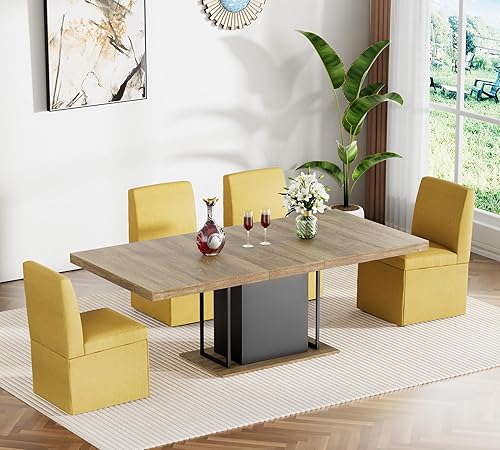 Miniatura 18 de Juego de mesa de comedor extensible para mesa de cocina extensible de 4, 5 piezas y 4 sillas de almacenamiento ocultas de lino tapizadas de madera