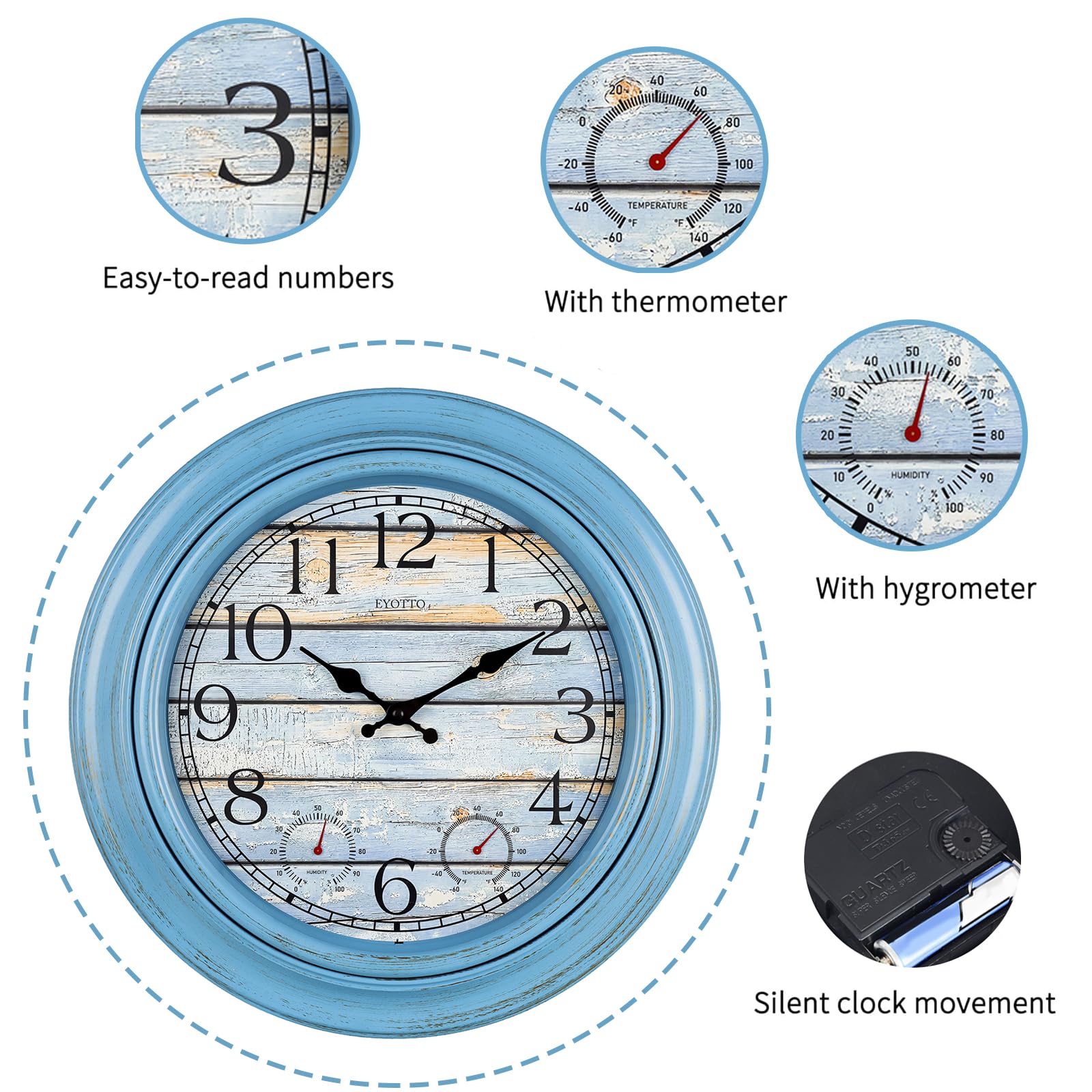 eYotto Grande horloge murale étanche de 46 cm avec thermomètre/hygromètre pour intérieur/extérieur, à piles et silencieuse, pour terrasse, piscine, jardin, salle de bain, maison de plage, bleu